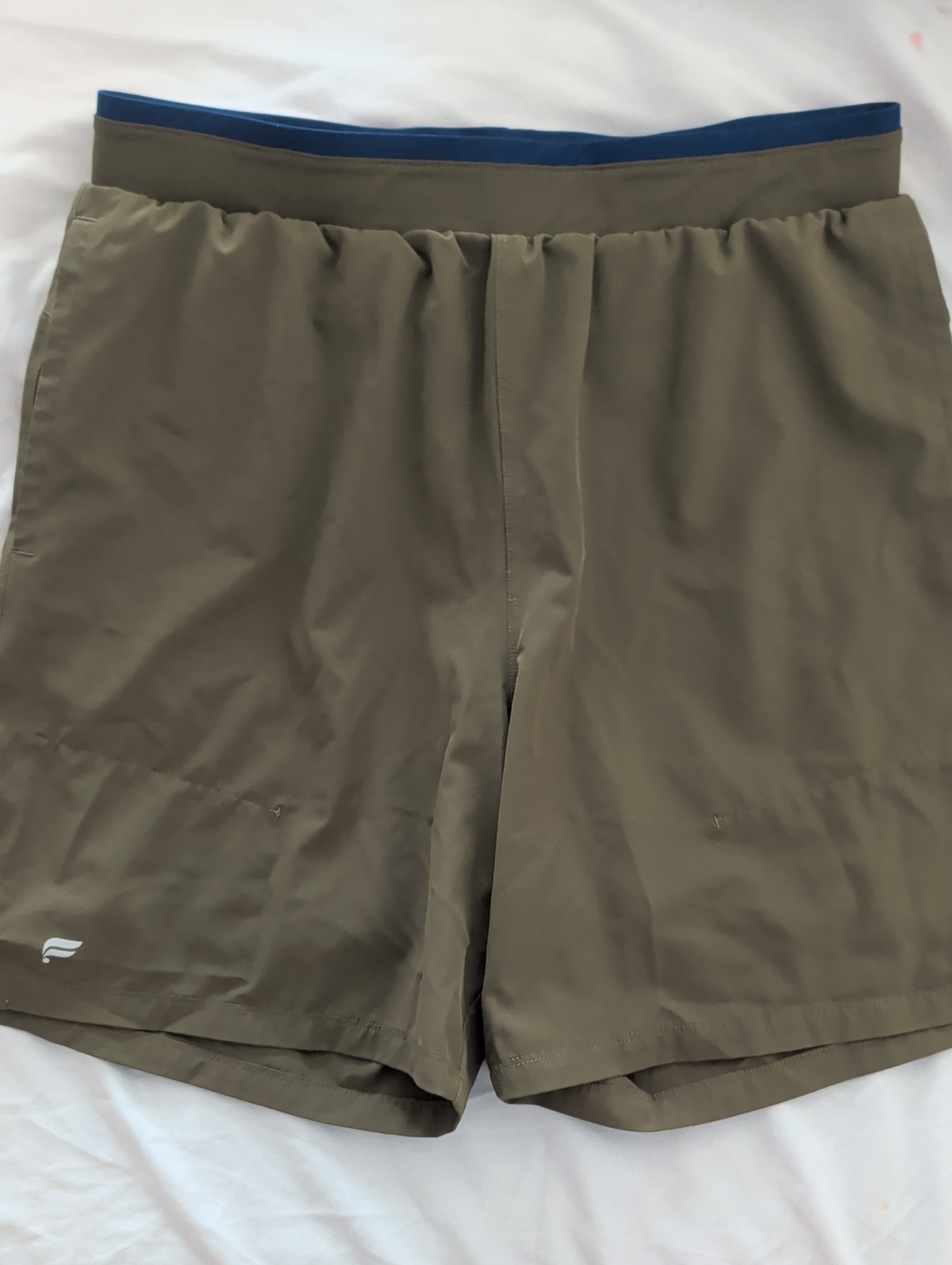 Fabletics Men's Fundamental Olive Lined Performance Shorts with Blue Waistband